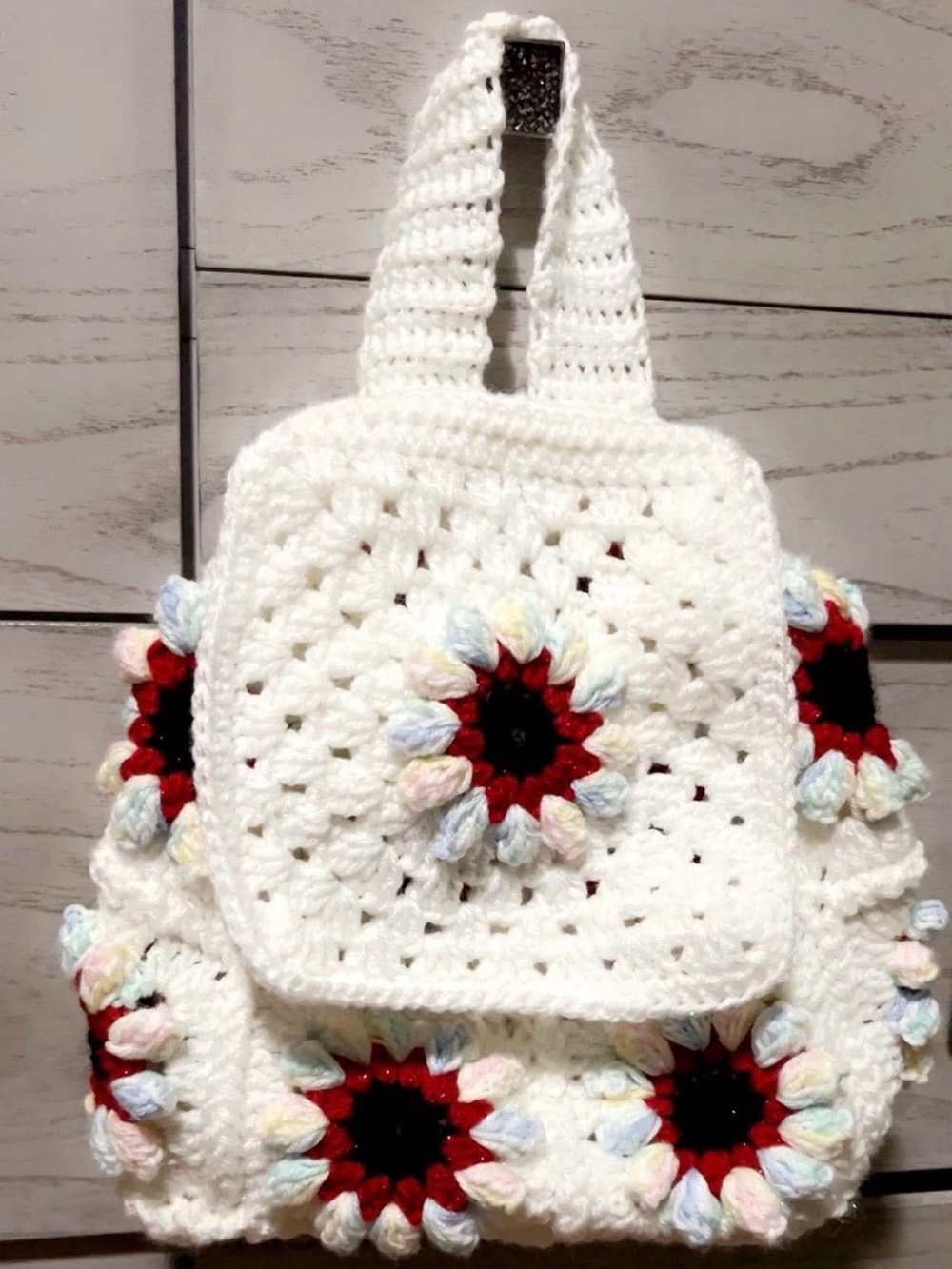 White Crochet Kids Backpack with Colorful Floral Accents